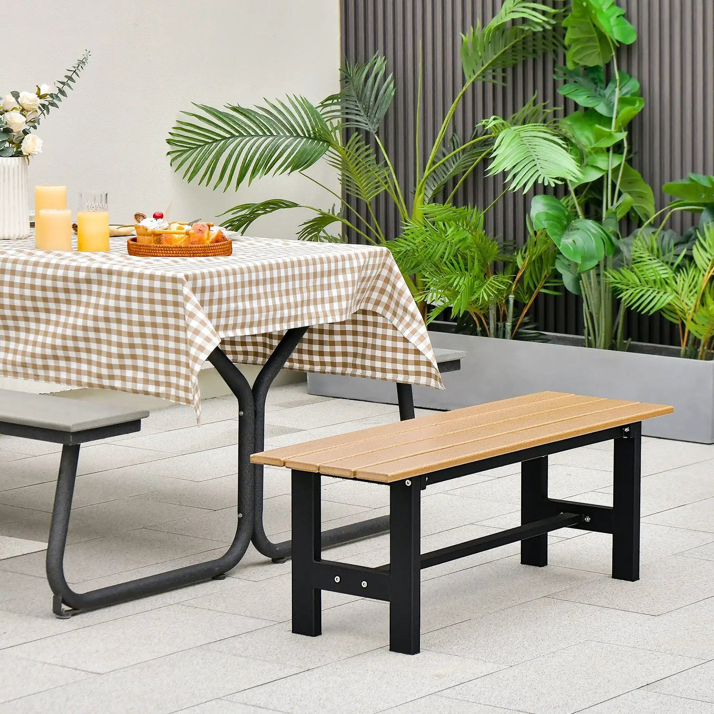 47 Inch Outdoor Chair with Slatted Seat Plastic Coated Iron Frame by DirectDeals