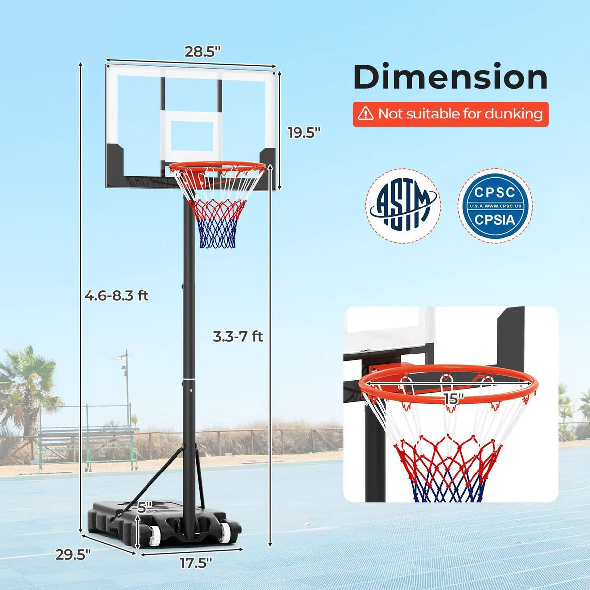 3.3-7 Feet Portable Adjustable Outdoor Kids Basketball Hoop Goal System by DirectDeals