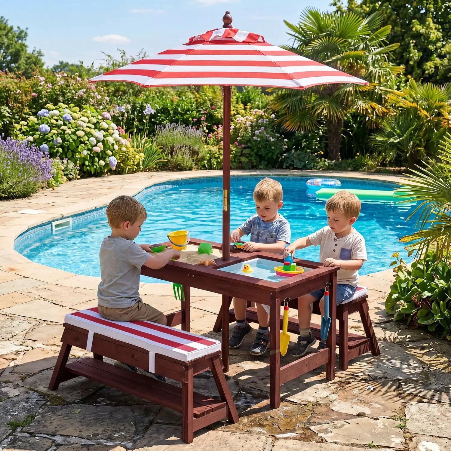 Kids Wooden Picnic Table Set with Umbrella and Sand Boxes by DirectDeals