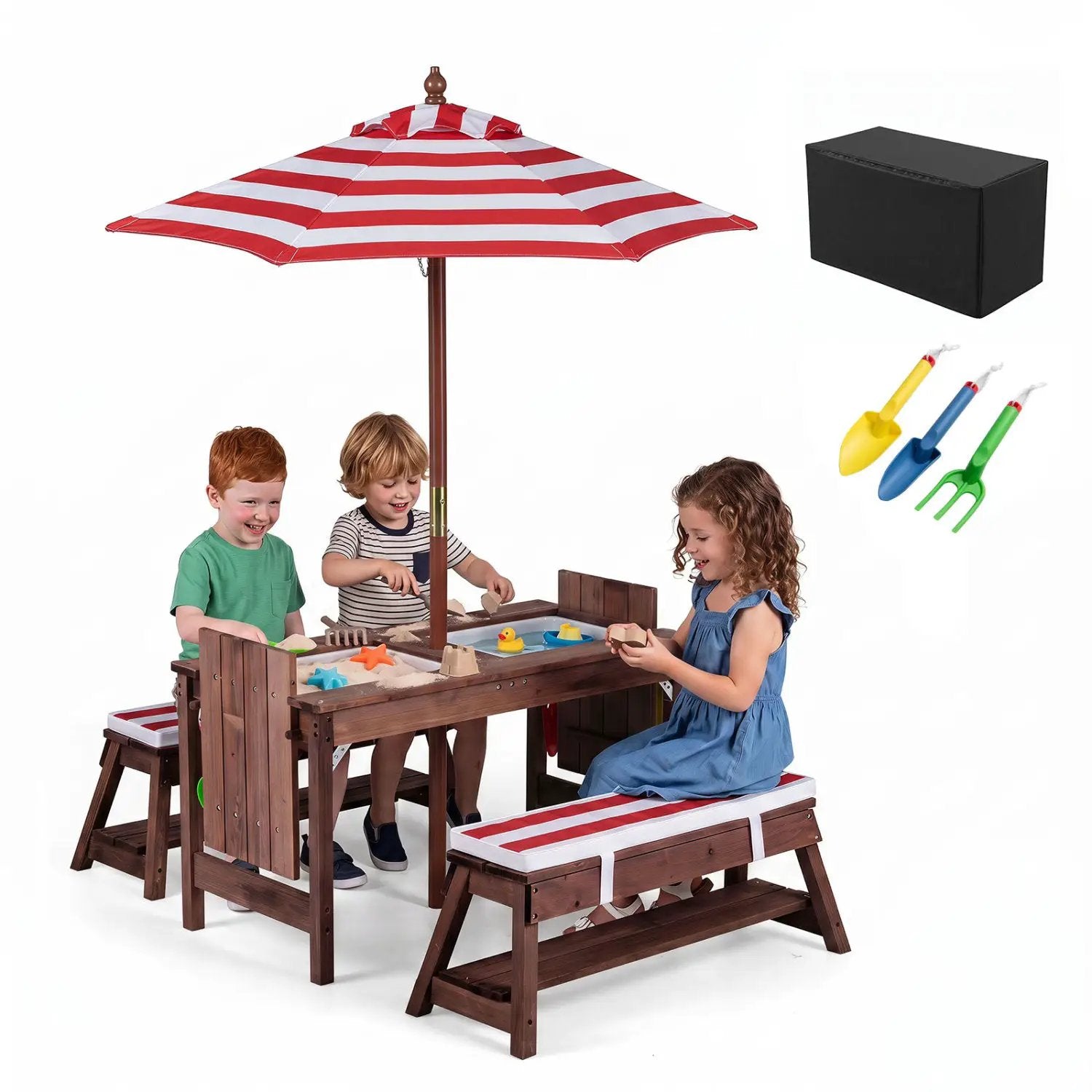 Kids Wooden Picnic Table Set with Umbrella and Sand Boxes by DirectDeals