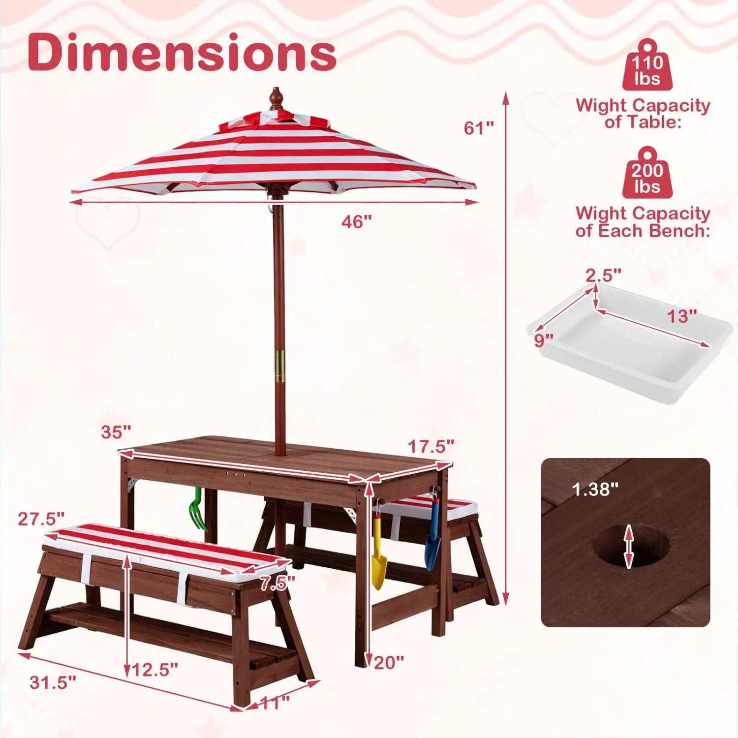Kids Wooden Picnic Table Set with Umbrella and Sand Boxes by DirectDeals
