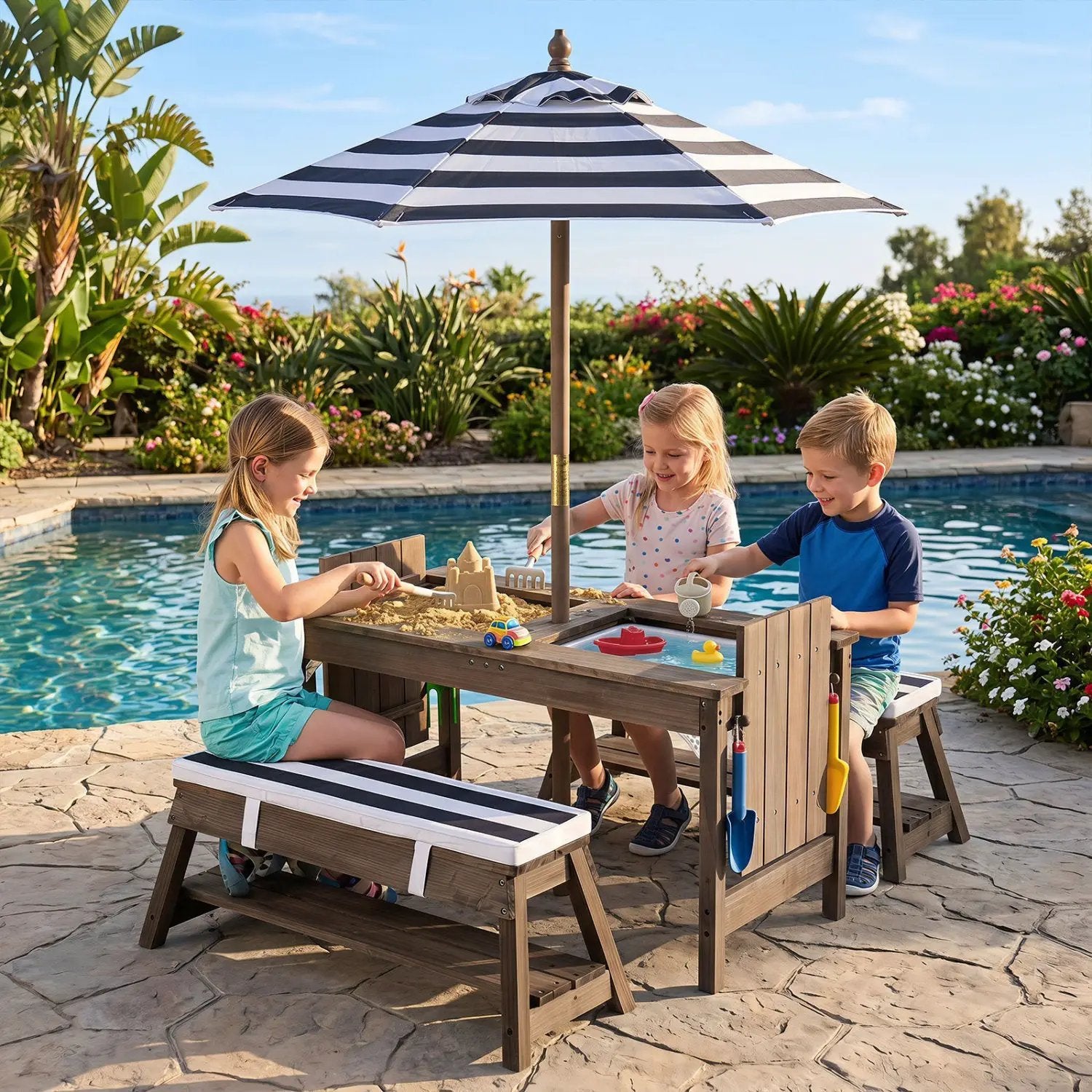 Kids Wooden Picnic Table Set with Umbrella and Sand Boxes by DirectDeals