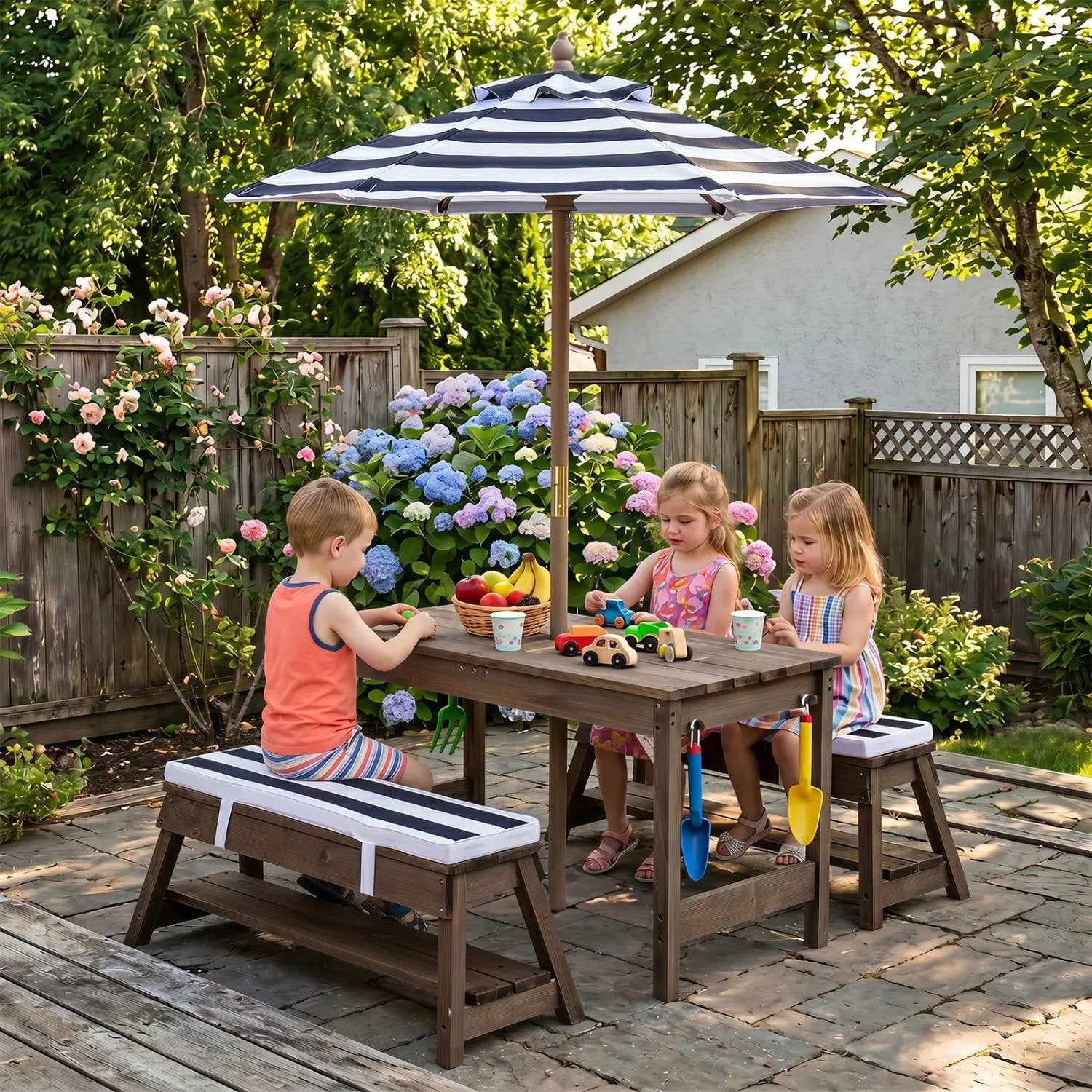 Kids Wooden Picnic Table Set with Umbrella and Sand Boxes by DirectDeals
