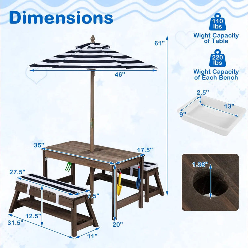 Kids Wooden Picnic Table Set with Umbrella and Sand Boxes by DirectDeals