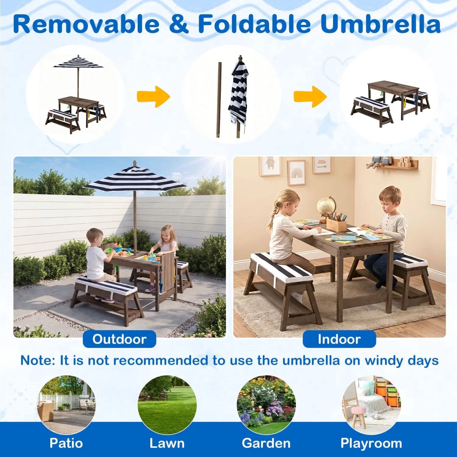 Kids Wooden Picnic Table Set with Umbrella and Sand Boxes by DirectDeals