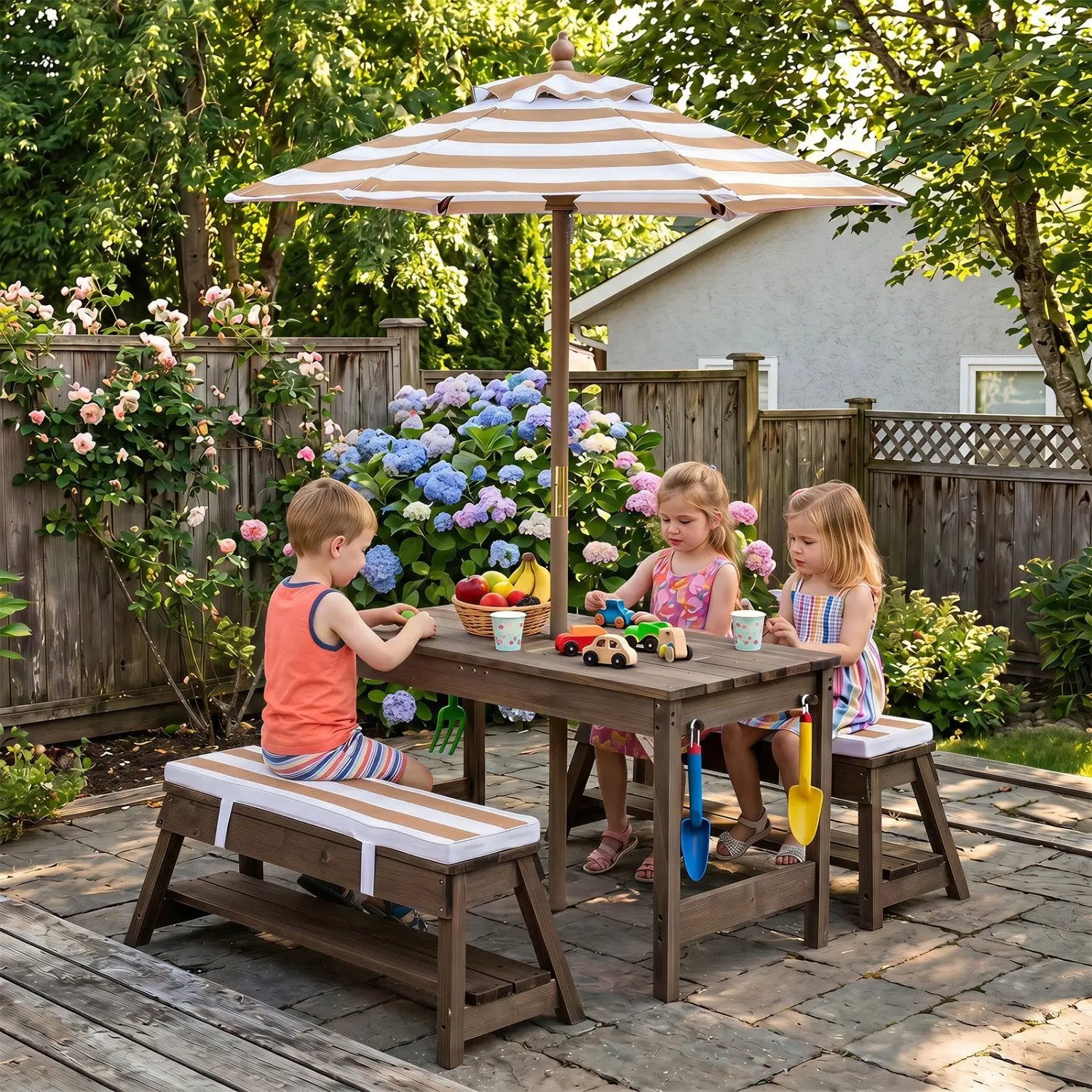 Kids Wooden Picnic Table Set with Umbrella and Sand Boxes by DirectDeals