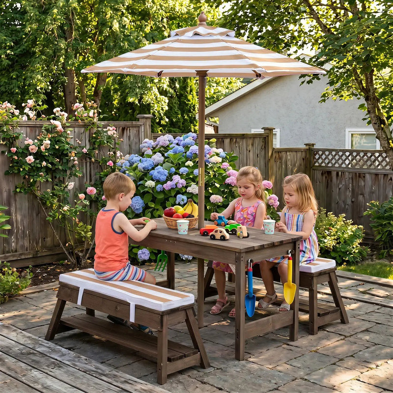 Kids Wooden Picnic Table Set with Umbrella and Sand Boxes by DirectDeals