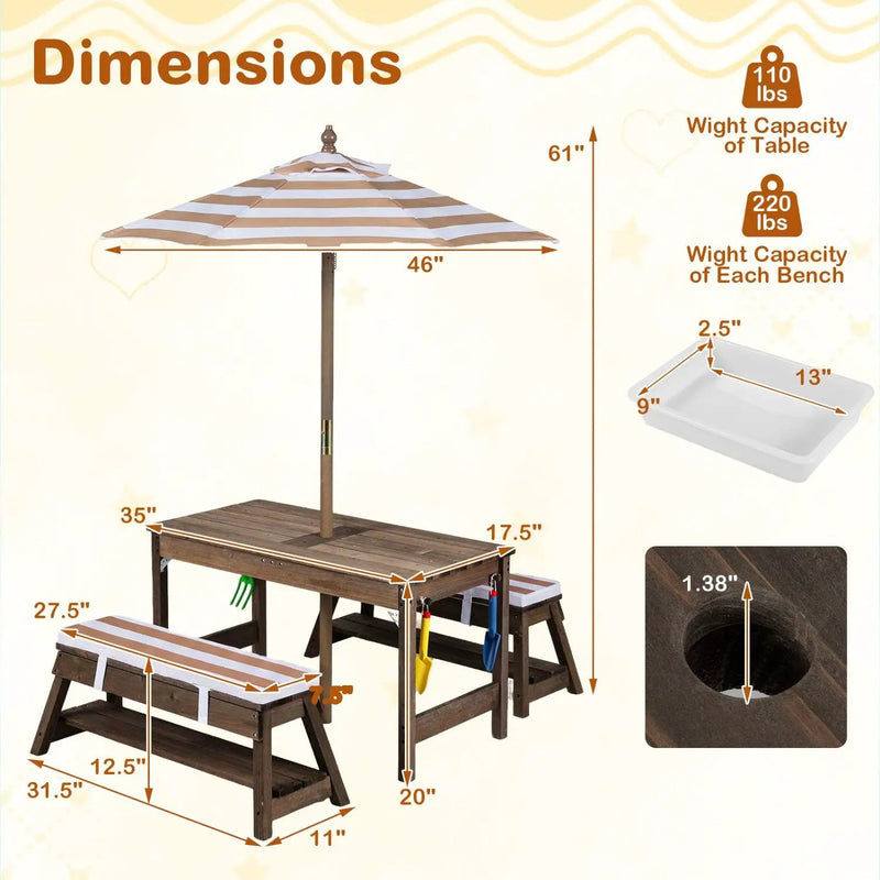 Kids Wooden Picnic Table Set with Umbrella and Sand Boxes by DirectDeals