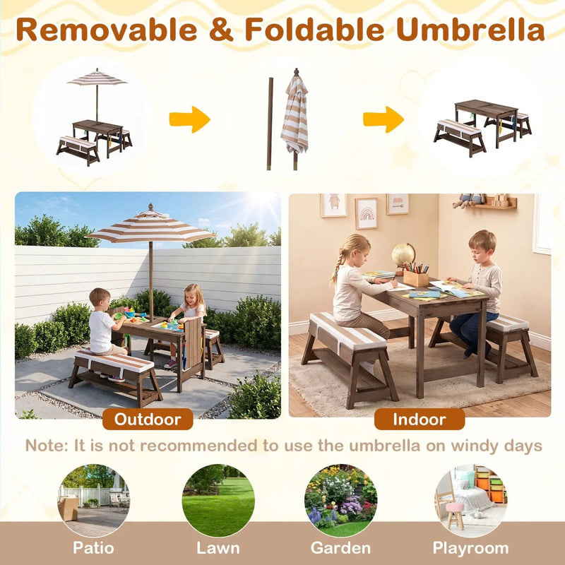 Kids Wooden Picnic Table Set with Umbrella and Sand Boxes by DirectDeals