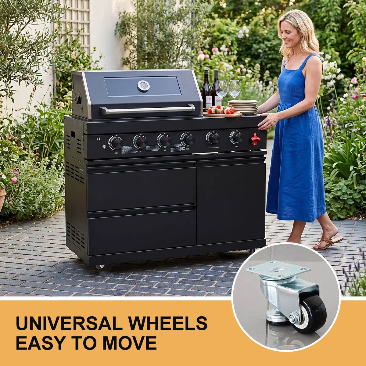 104" 4-Burner 72,000 BTU Black Outdoor Kitchen Bar Barbecue Island Grill + Wine Cooler + Sink by Chery Industrial