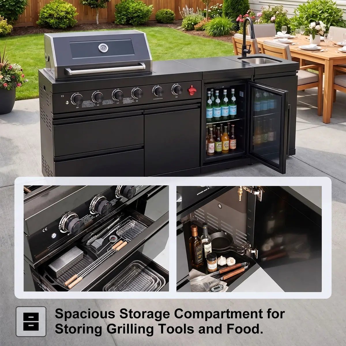 85" 4-Burner 85,000 BTU Black Outdoor Kitchen Island Grill + Storage Cabinets + Sink by Chery Industrial