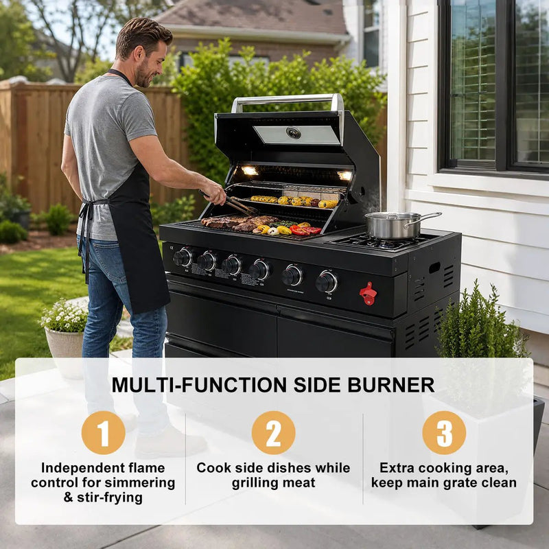 85" 4-Burner 72000 BTU Black Outdoor Kitchen Island Grill with Compact Refrigerator Marble Countertops Sink by Chery Industrial