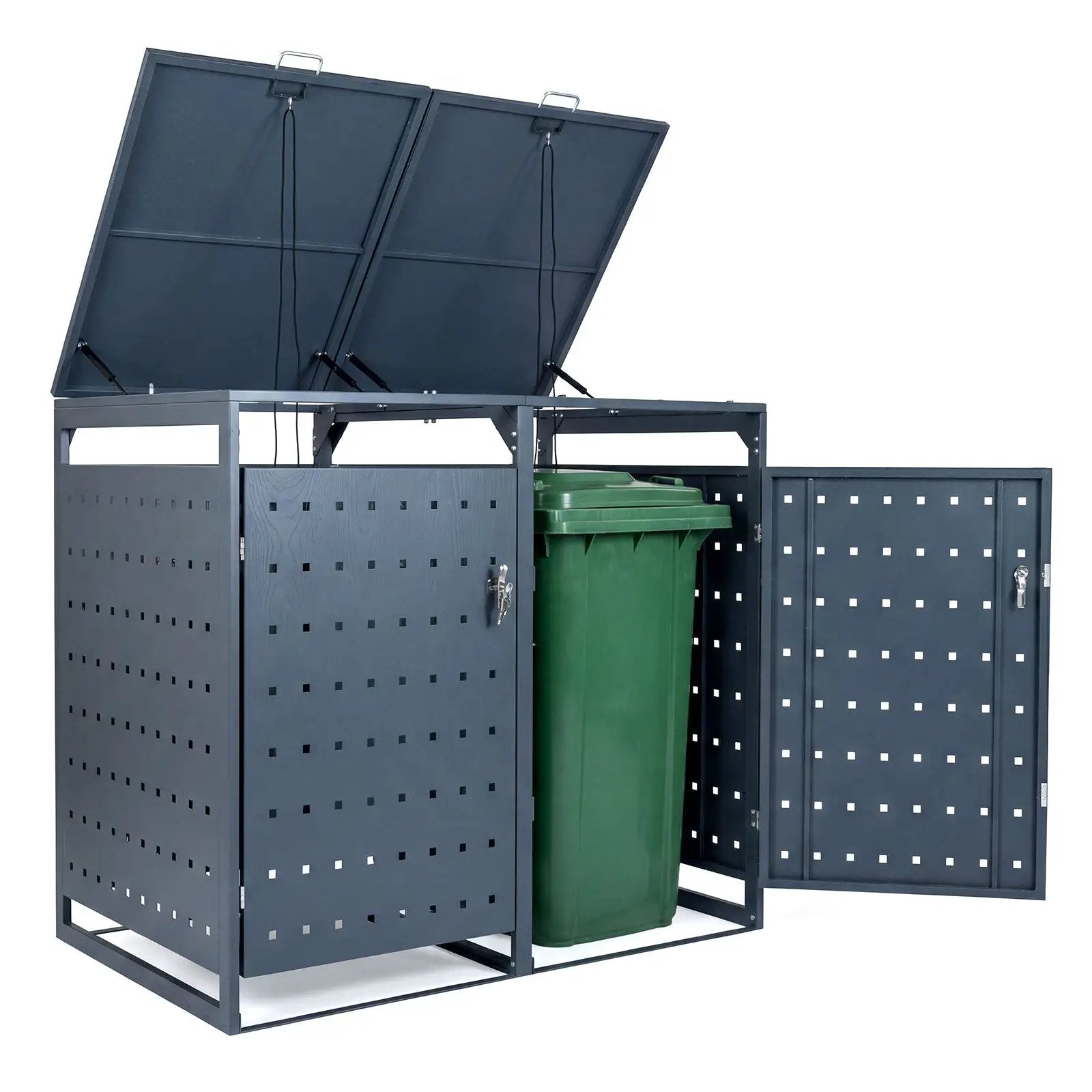 Outdoor Metal Garbage Bin Storage Shed for 2 Trash Cans Double Trash Can Enclosure-Gray by DirectDeals