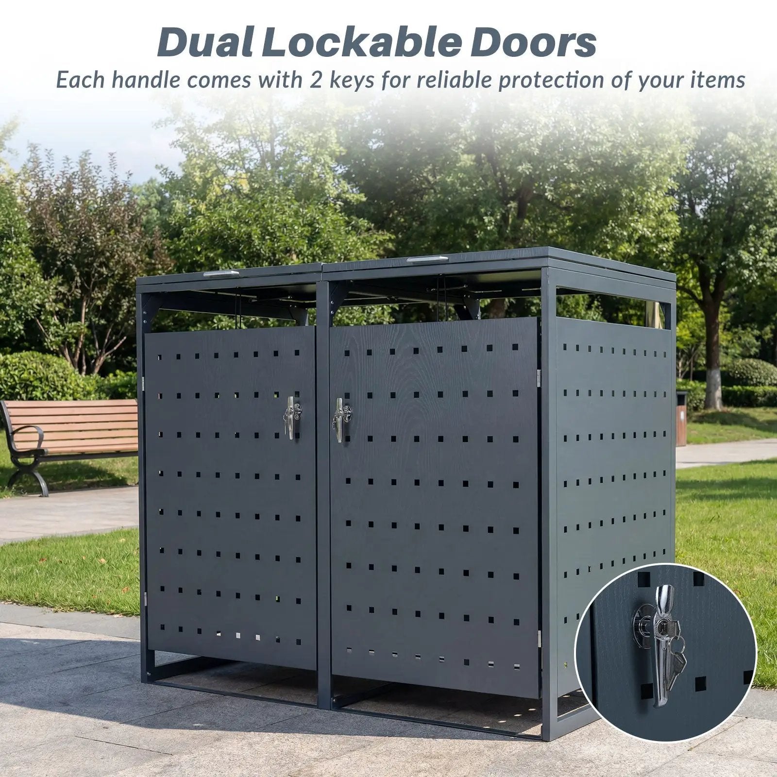 Outdoor Metal Garbage Bin Storage Shed for 2 Trash Cans Double Trash Can Enclosure-Gray by DirectDeals