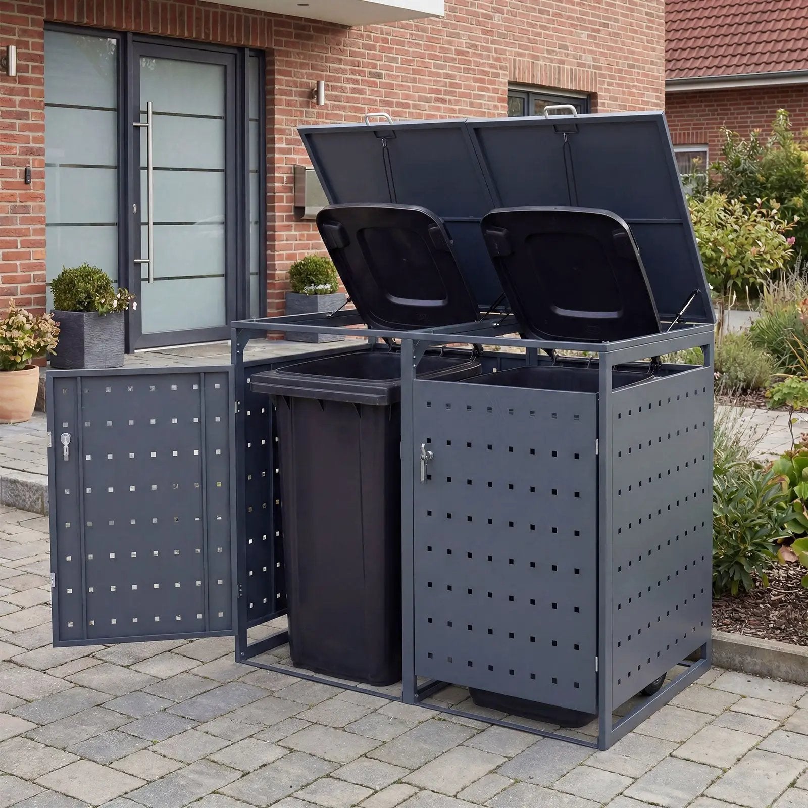 Outdoor Metal Garbage Bin Storage Shed for 2 Trash Cans Double Trash Can Enclosure-Gray by DirectDeals