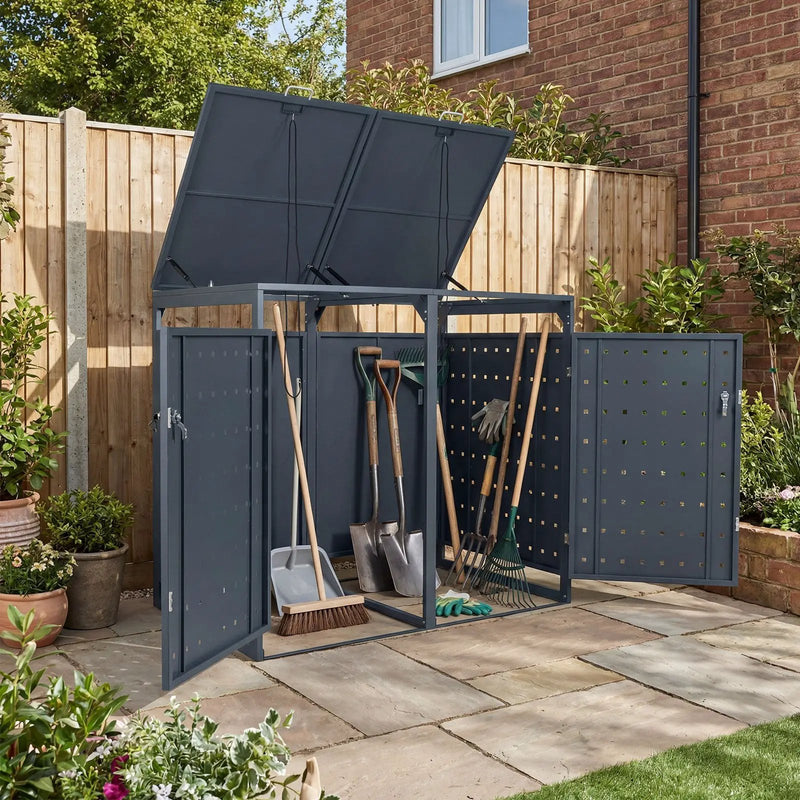 Outdoor Metal Garbage Bin Storage Shed for 2 Trash Cans Double Trash Can Enclosure-Gray by DirectDeals