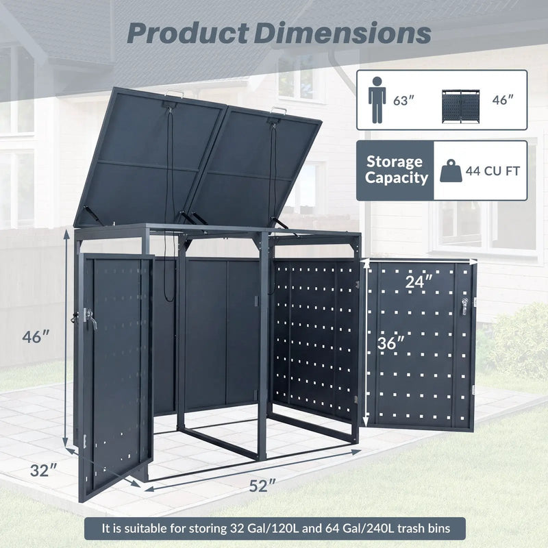 Outdoor Metal Garbage Bin Storage Shed for 2 Trash Cans Double Trash Can Enclosure-Gray by DirectDeals
