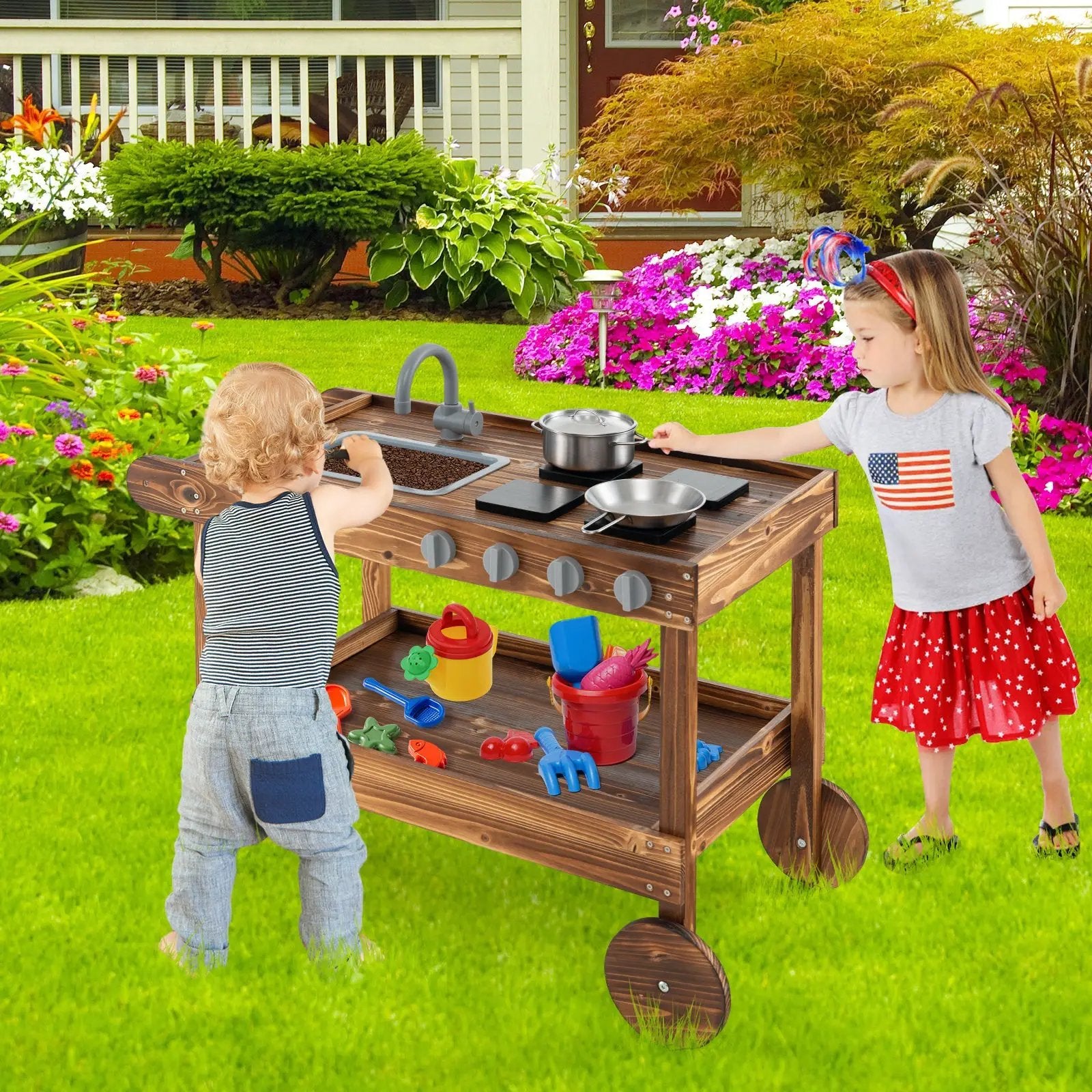 Outdoor Movable Mud Kitchen with 2 Rolling Wheels and 1 Push Handle-Natural by DirectDeals