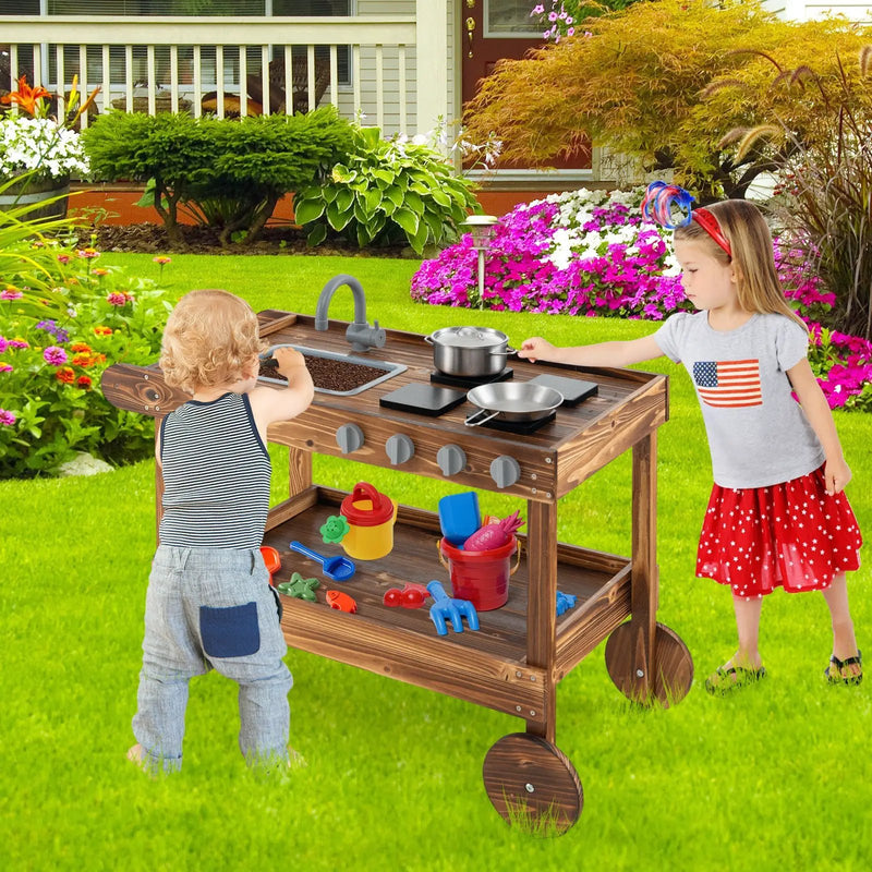 Outdoor Movable Mud Kitchen with 2 Rolling Wheels and 1 Push Handle-Natural by DirectDeals