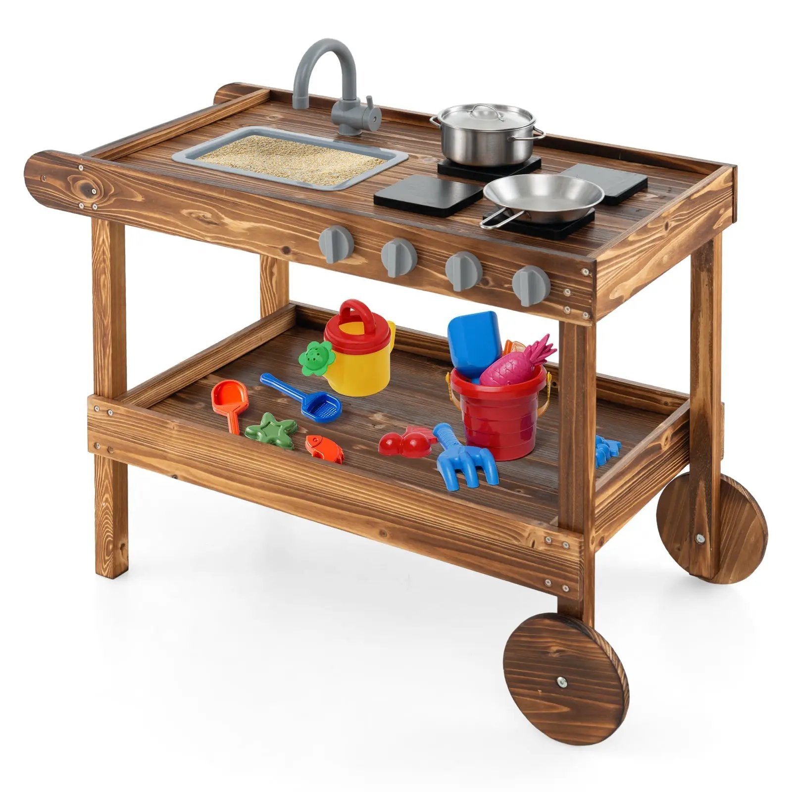 Outdoor Movable Mud Kitchen with 2 Rolling Wheels and 1 Push Handle-Natural by DirectDeals