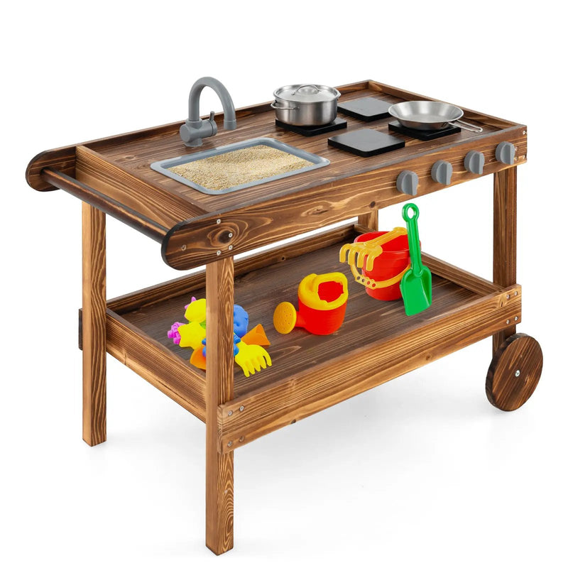 Outdoor Movable Mud Kitchen with 2 Rolling Wheels and 1 Push Handle-Natural by DirectDeals