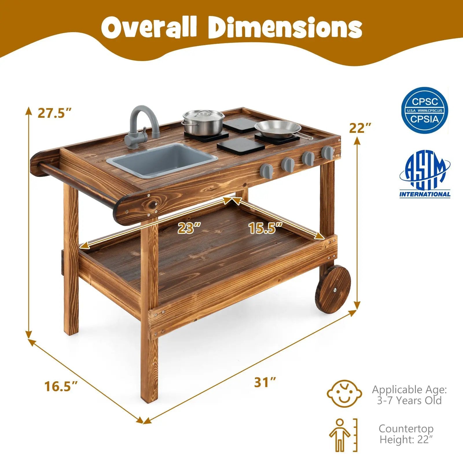 Outdoor Movable Mud Kitchen with 2 Rolling Wheels and 1 Push Handle-Natural by DirectDeals