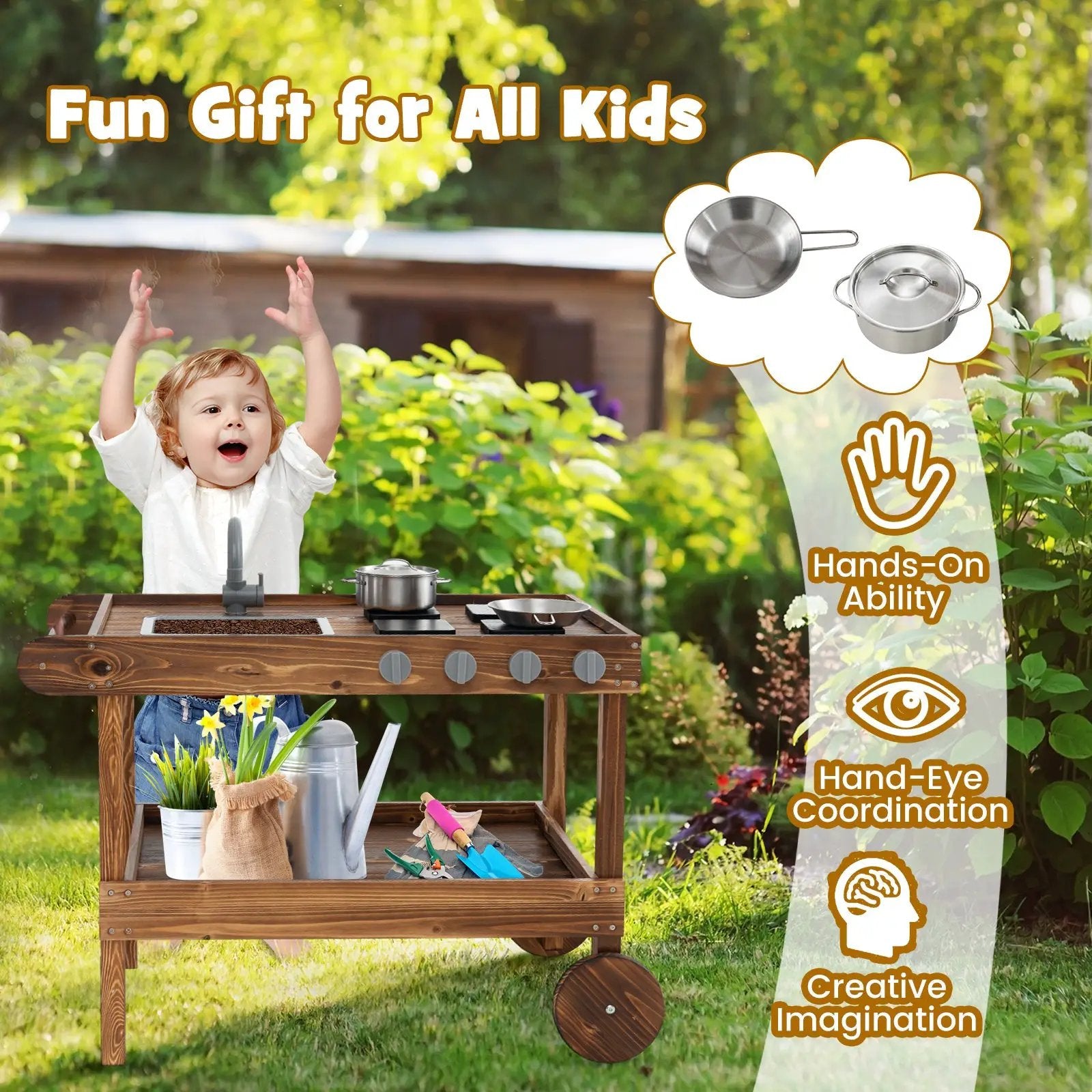 Outdoor Movable Mud Kitchen with 2 Rolling Wheels and 1 Push Handle-Natural by DirectDeals