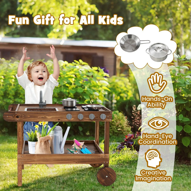 Outdoor Movable Mud Kitchen with 2 Rolling Wheels and 1 Push Handle-Natural by DirectDeals