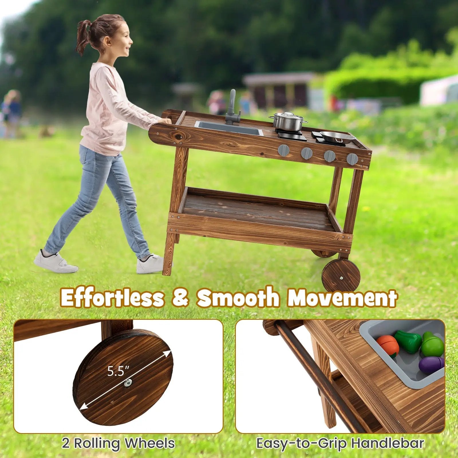 Outdoor Movable Mud Kitchen with 2 Rolling Wheels and 1 Push Handle-Natural by DirectDeals