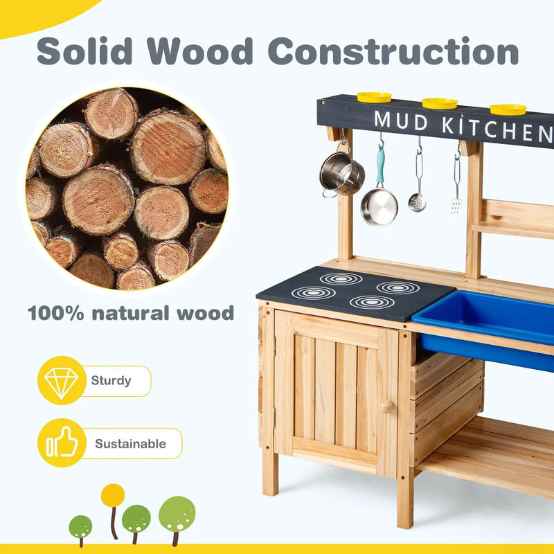 Outdoor Mud Kids Kitchen Playset Wooden Pretend Play Toy with Kitchenware by DirectDeals