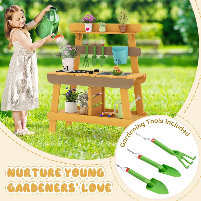 Outdoor Mud Kitchen for Kids Wooden Play Kitchen Toy for Boys Girls Aged 3-8-Yellow by DirectDeals