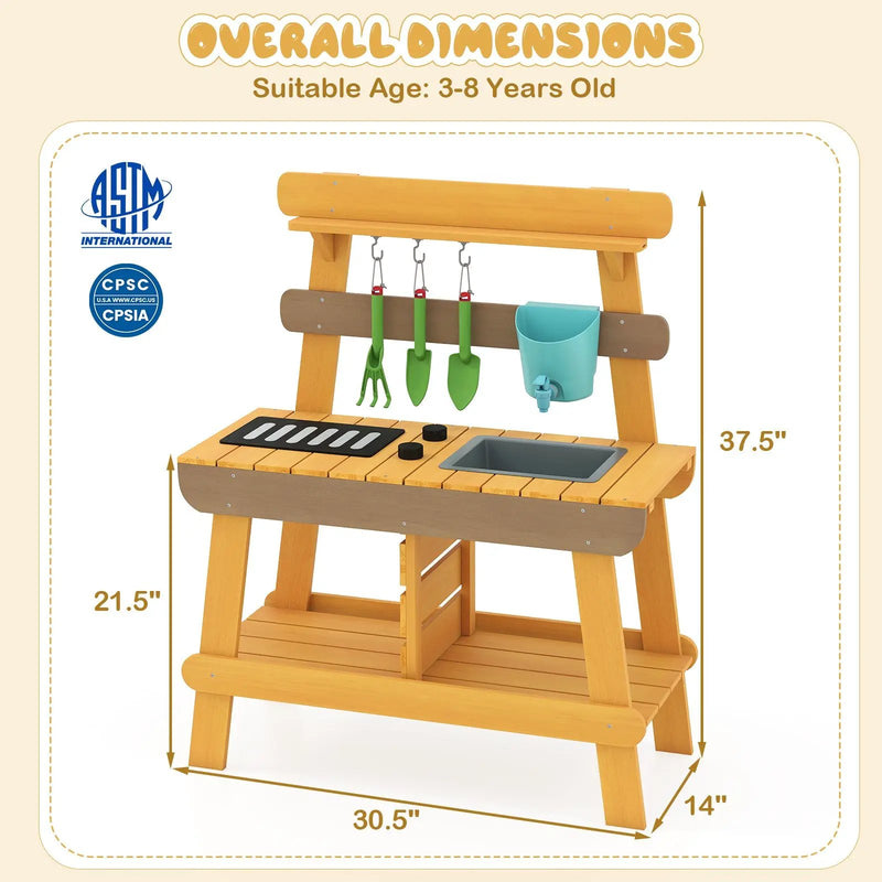 Outdoor Mud Kitchen for Kids Wooden Play Kitchen Toy for Boys Girls Aged 3-8-Yellow by DirectDeals