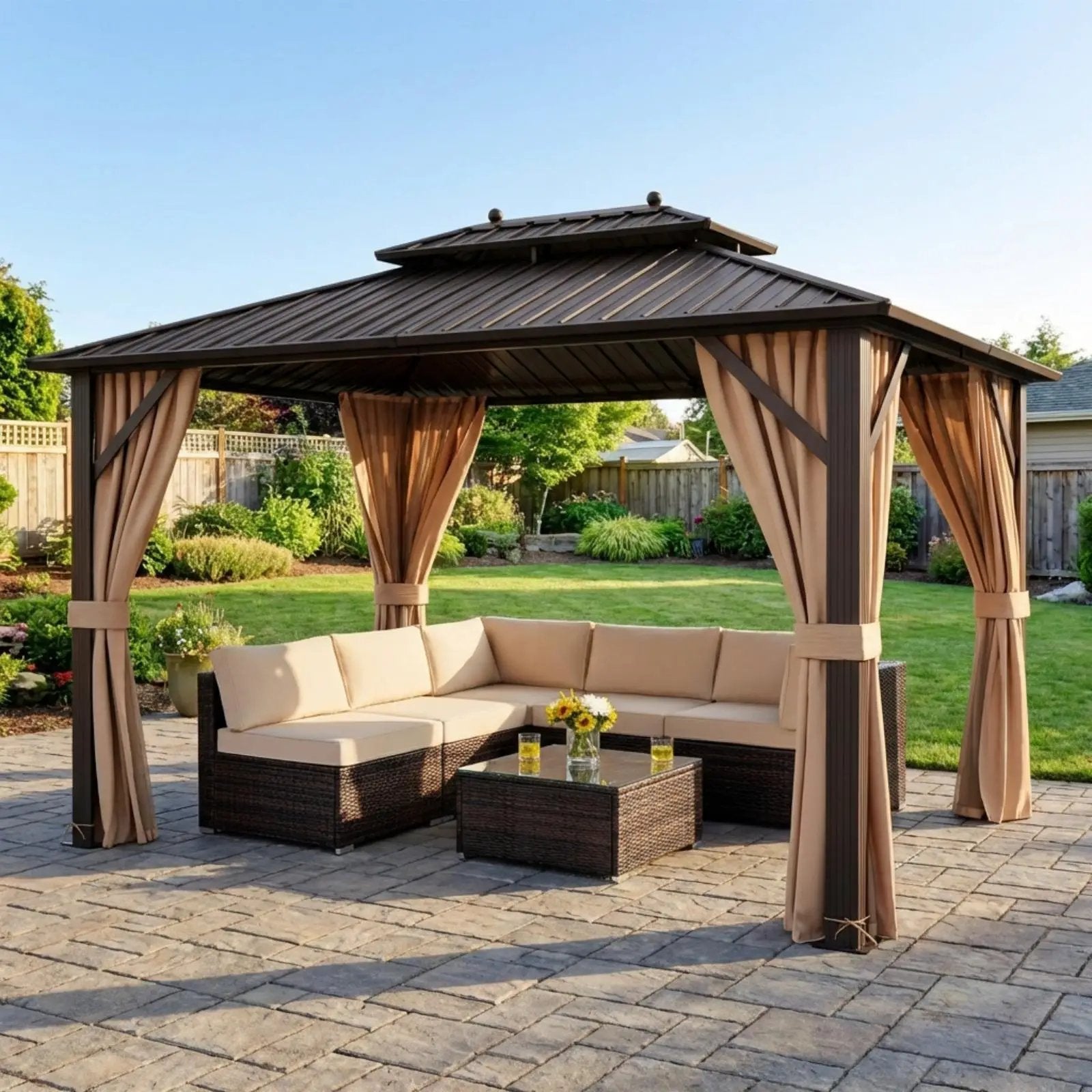 Outdoor Oasis Ultimate Combo: All-Weather Rattan Seating Set with Hardtop Gazebo Shelter by DirectDeals