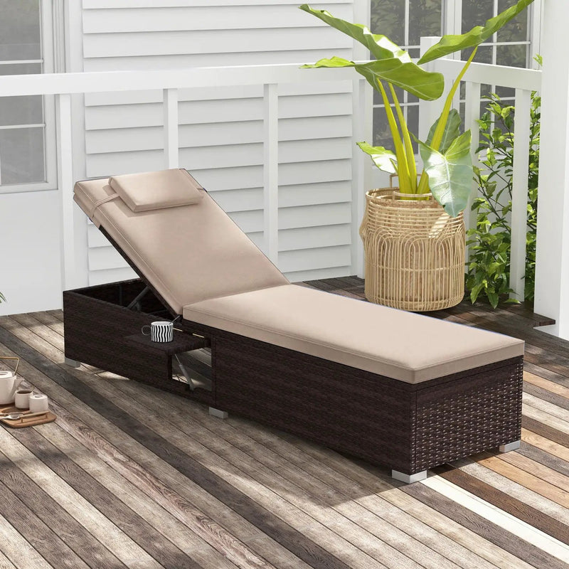 Outdoor PE Rattan Chaise Lounge with 6-Position Adjustable Backrest and Foldable Side Table by DirectDeals