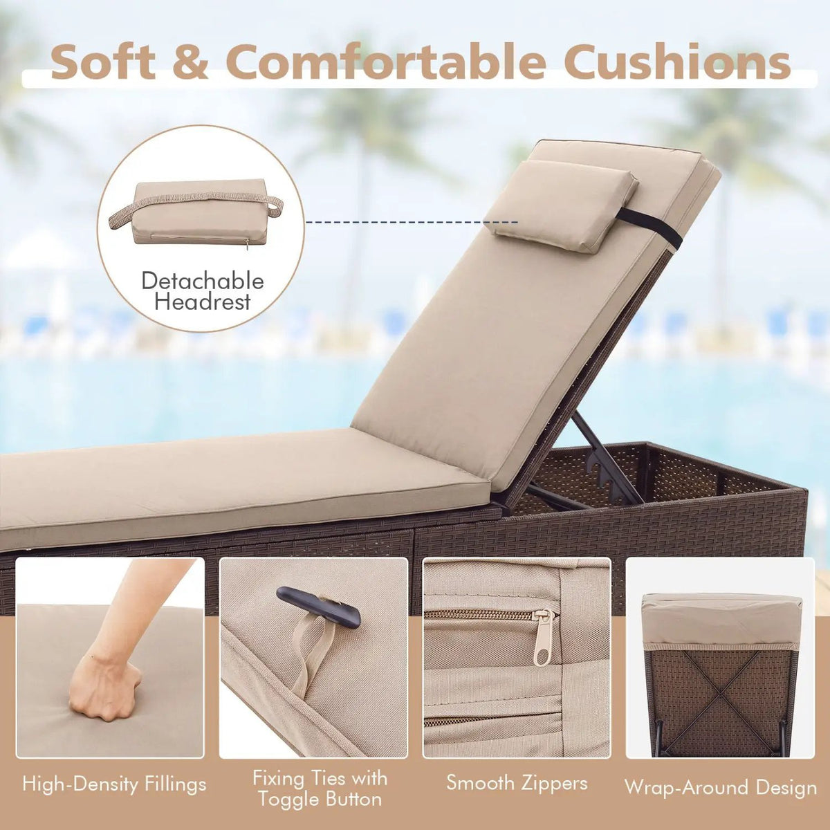 Outdoor PE Rattan Chaise Lounge with 6-Position Adjustable Backrest and Foldable Side Table by DirectDeals