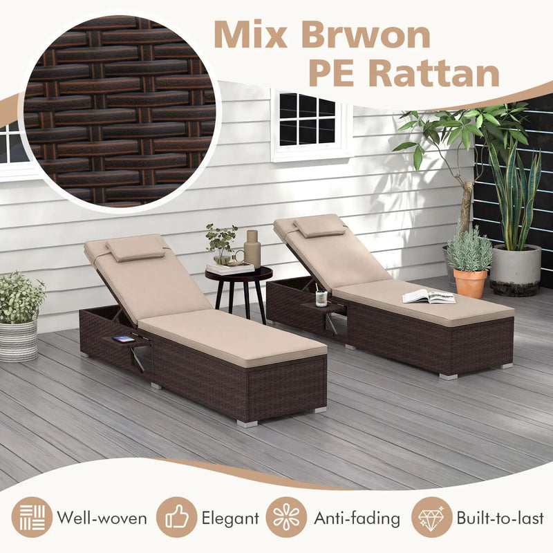 Outdoor PE Rattan Chaise Lounge with 6-Position Adjustable Backrest and Foldable Side Table by DirectDeals
