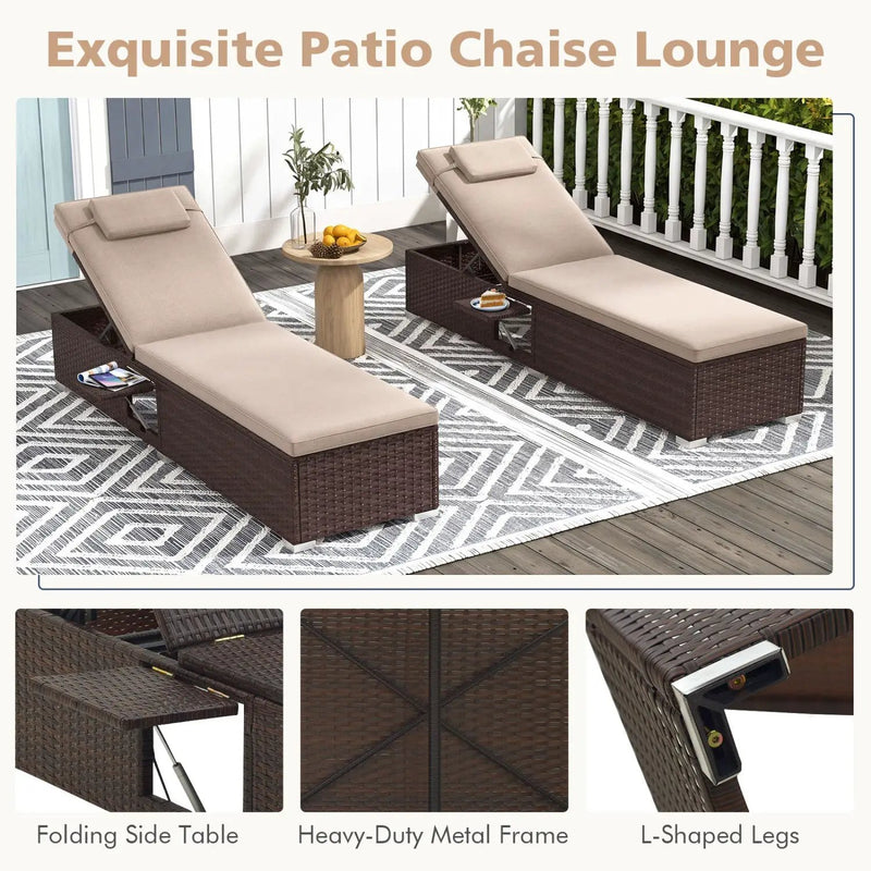 Outdoor PE Rattan Chaise Lounge with 6-Position Adjustable Backrest and Foldable Side Table by DirectDeals
