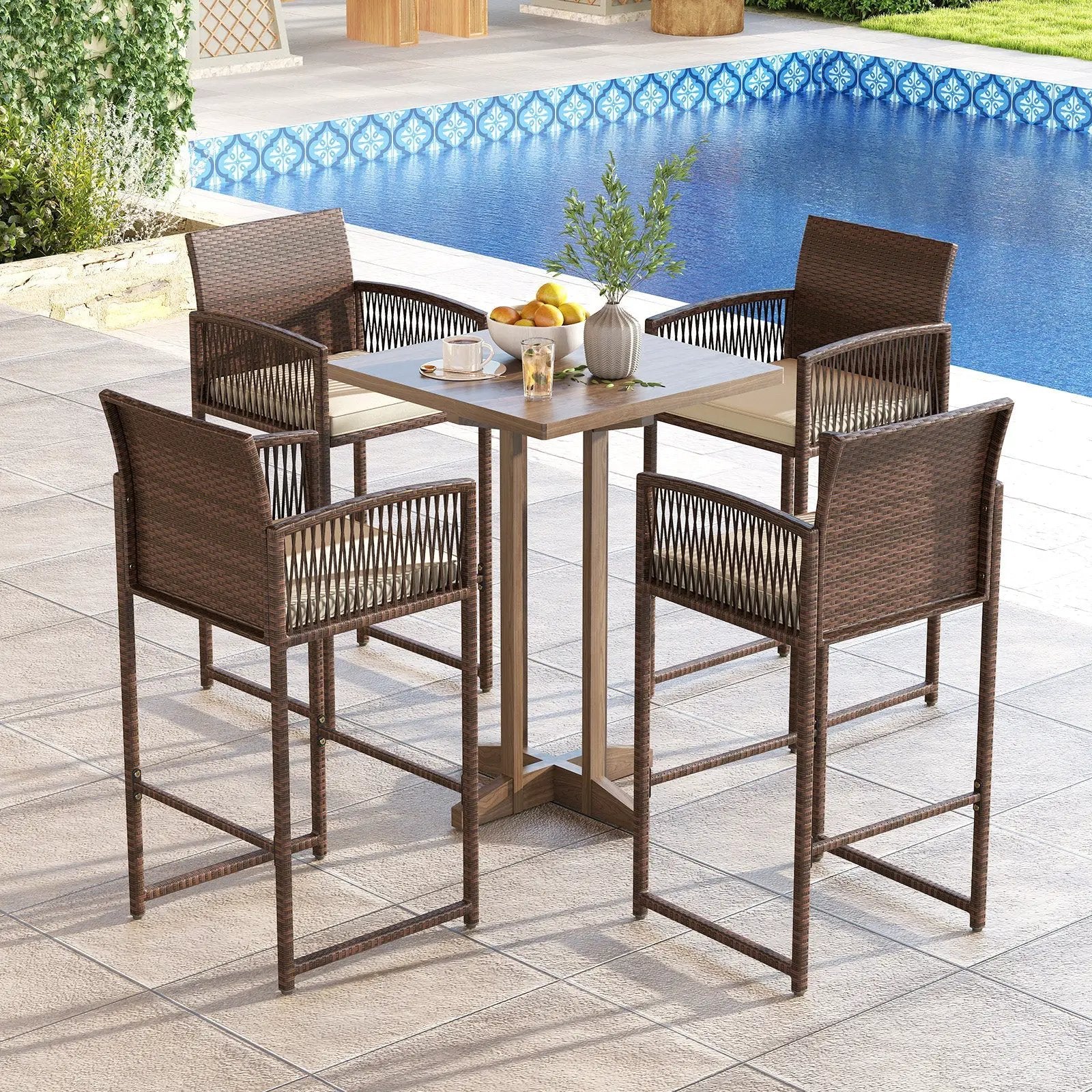 Outdoor PE Wicker Bar Stools Set of 2 Patio Bar Height Chairs with Cushions-White by DirectDeals