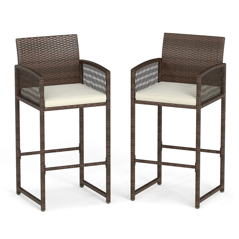 Outdoor PE Wicker Bar Stools Set of 2 Patio Bar Height Chairs with Cushions-White by DirectDeals