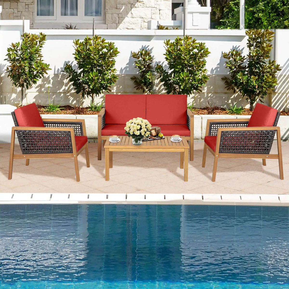 4 Pieces Patio Rattan Furniture Set with Removable Cushions by DirectDeals