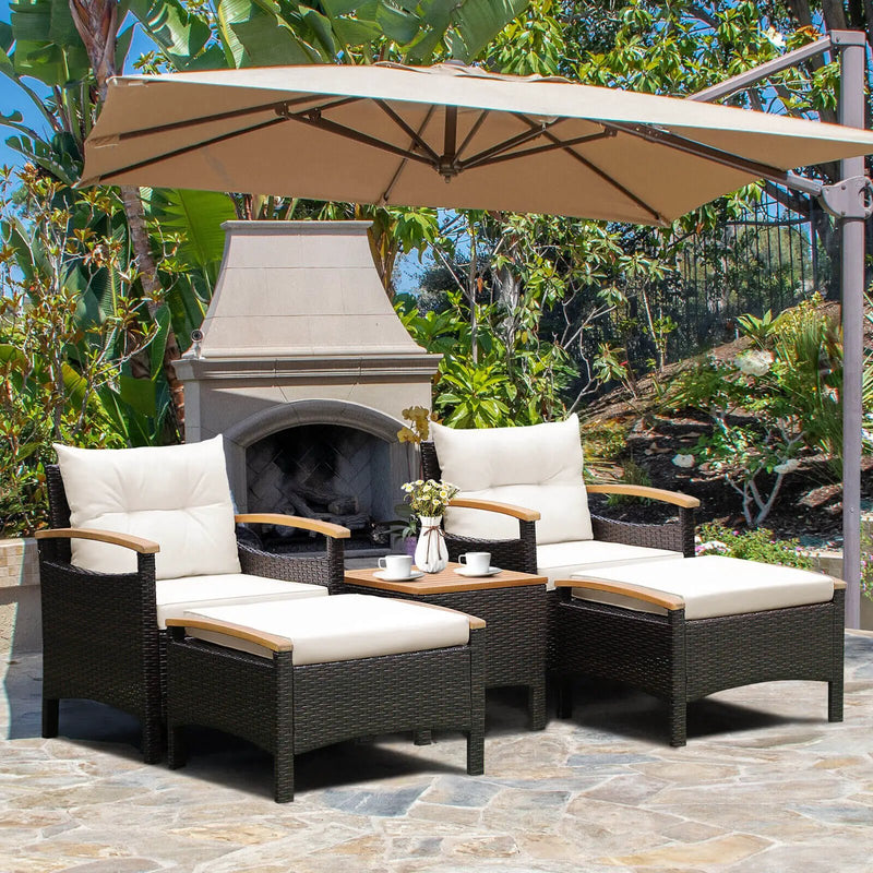 5 Pieces Patio Conversation Set with Cushions Coffee Table and 2 Ottomans by DirectDeals