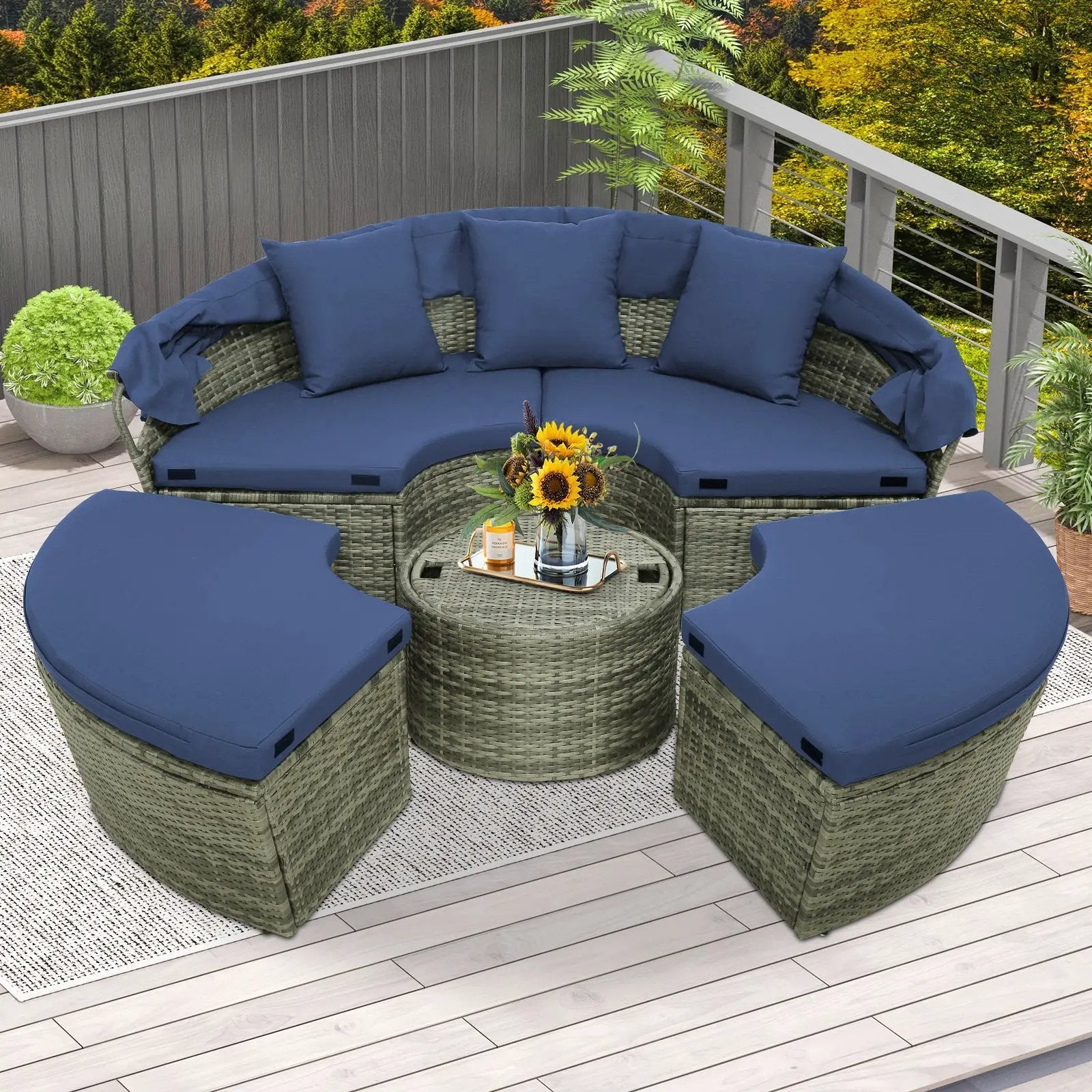 Outdoor PE Wicker Round Daybed with Retractable Canopy and Cushions-Navy by DirectDeals