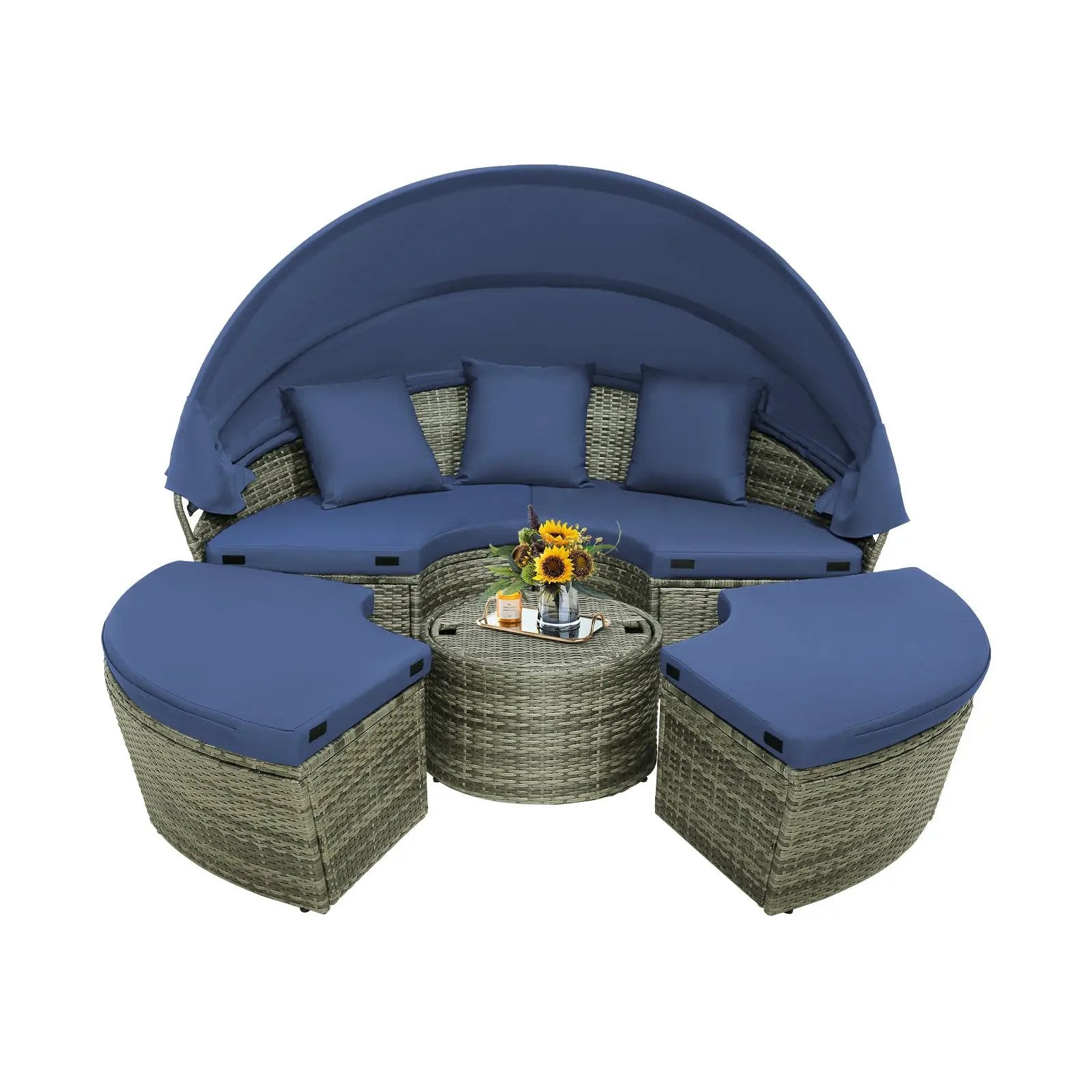 Outdoor PE Wicker Round Daybed with Retractable Canopy and Cushions-Navy by DirectDeals