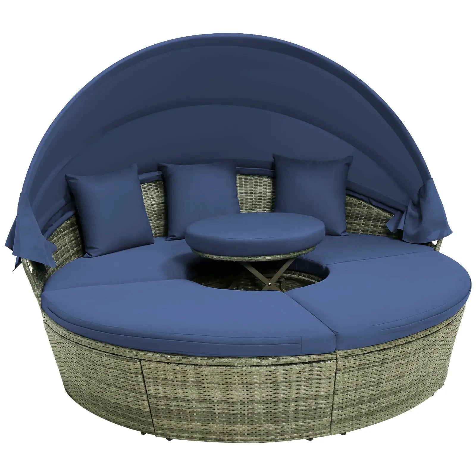 Outdoor PE Wicker Round Daybed with Retractable Canopy and Cushions-Navy by DirectDeals