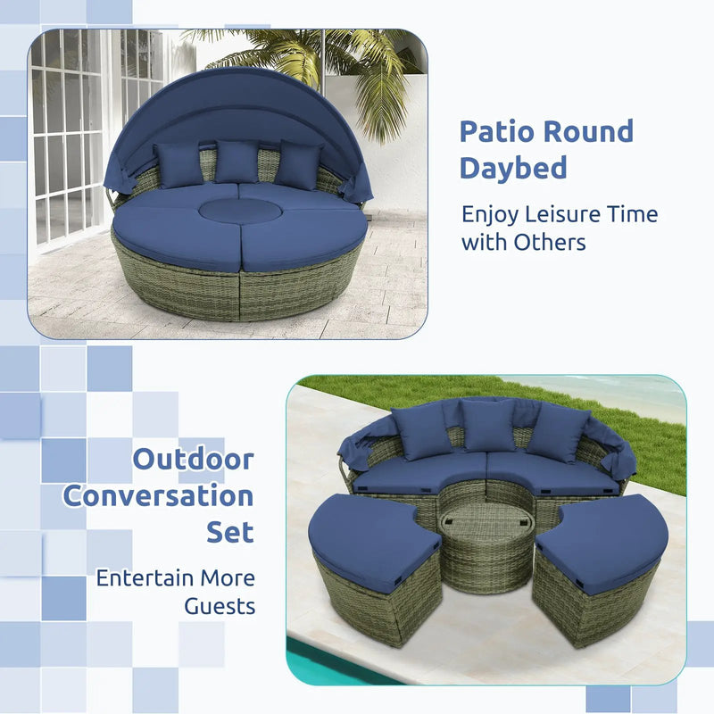 Outdoor PE Wicker Round Daybed with Retractable Canopy and Cushions-Navy by DirectDeals