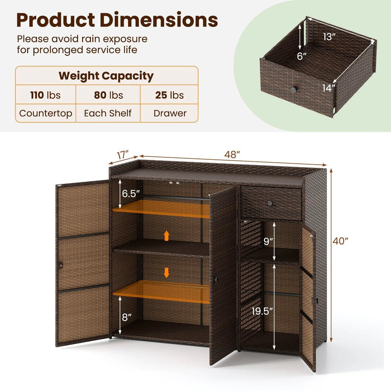 Outdoor PE Wicker Storage Cabinet with 3 Doors for Deck by DirectDeals