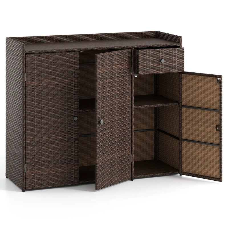 Outdoor PE Wicker Storage Cabinet with 3 Doors for Deck by DirectDeals