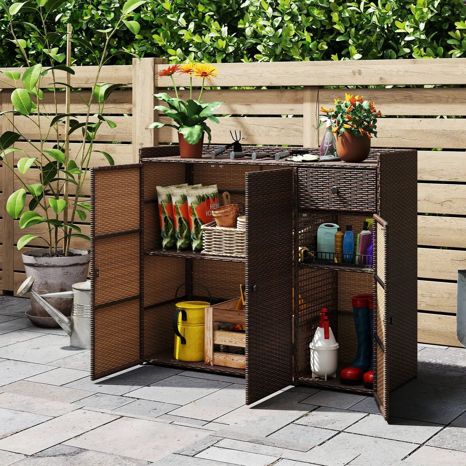 Outdoor PE Wicker Storage Cabinet with 3 Doors for Deck by DirectDeals