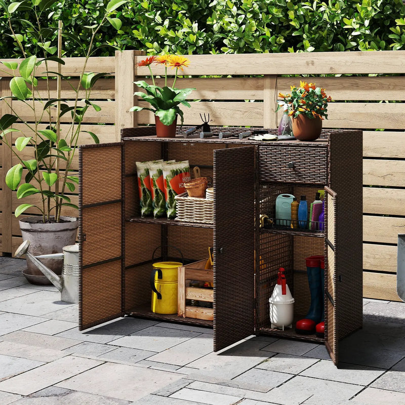 Outdoor PE Wicker Storage Cabinet with 3 Doors for Deck by DirectDeals
