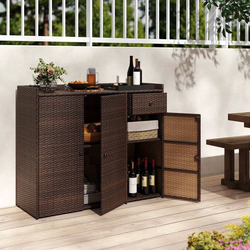Outdoor PE Wicker Storage Cabinet with 3 Doors for Deck by DirectDeals